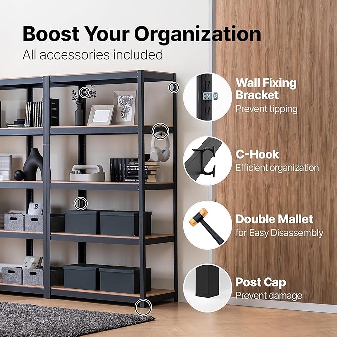 HOMEDANT House 5 Tier Heavy Duty Garage Shelving Adjustable Metal Rack Storage Shelves Standing Shelf Unit Organizers Pantry Closet Office (1, Black, 48.1" W x 16.5" D)