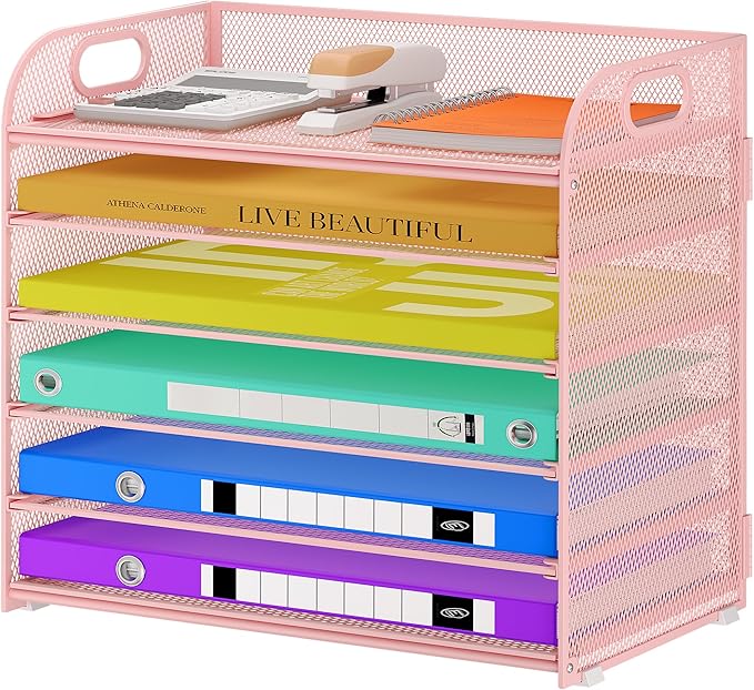 6 Tier Paper Organizer, Pink Letter Tray with Handle, Mesh Desk Organizer, Metal File Organizer, Office Desk Accessories for Home, Office, Classroom, School
