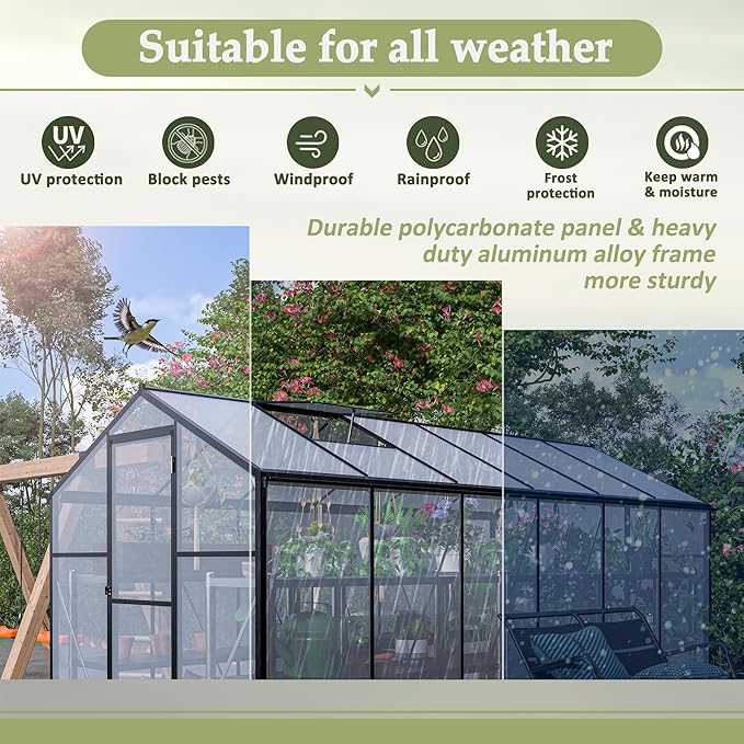 Large Walk-in Clear Polycarbonate Greenhouse with Rain Gutters & Adjustable Roof Vent - Sturdy Aluminum Frame Outdoor Plant House for Vegetable, Flower & Garden Growth-Outbuilding (6x12 ft)