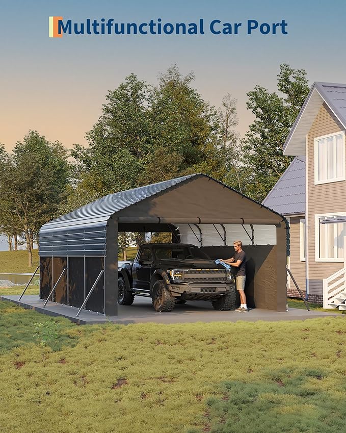 Garvee 12x20x9 ft Metal Carport Enclosed, Car Ports with Heavy Duty 220 g Tarp Gable End Doors and Sidewalls, All-Weather Carport for Full-Size Pickup Trucks, Bass Boats, and Tractors