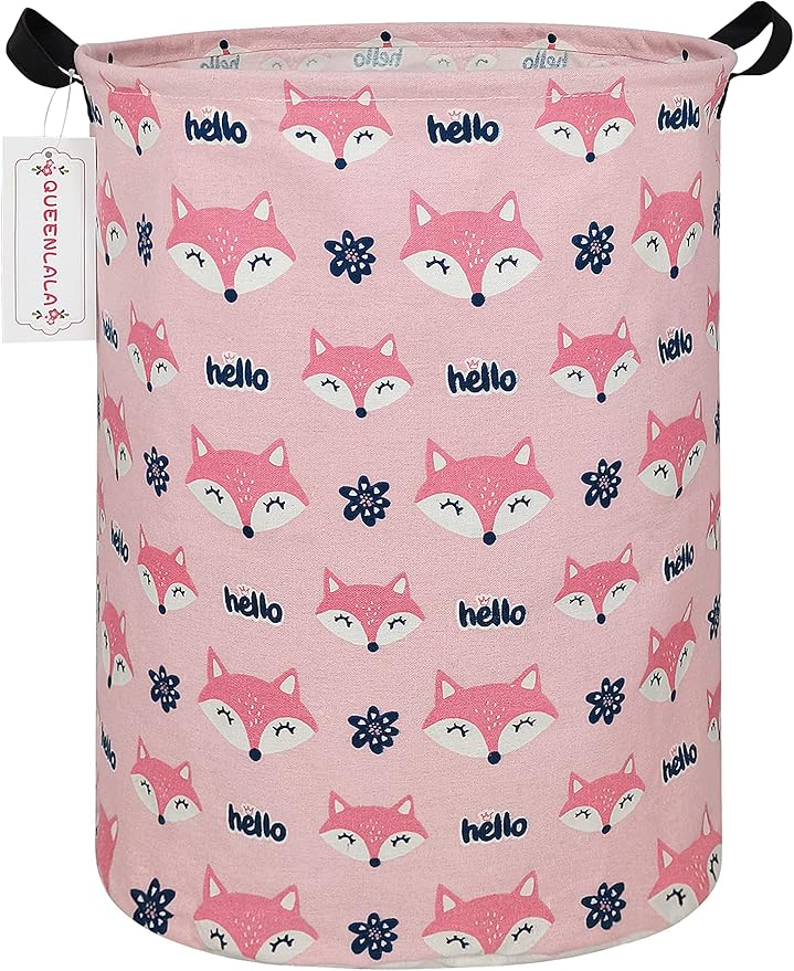 QUEENLALA Large Storage Basket,Laundry Hamper/Bathroom/Home Decor/Collapsible Round Storage Bin,Boys and Girls Hamper/Boxes/Clothing(Round-Pink Fox)