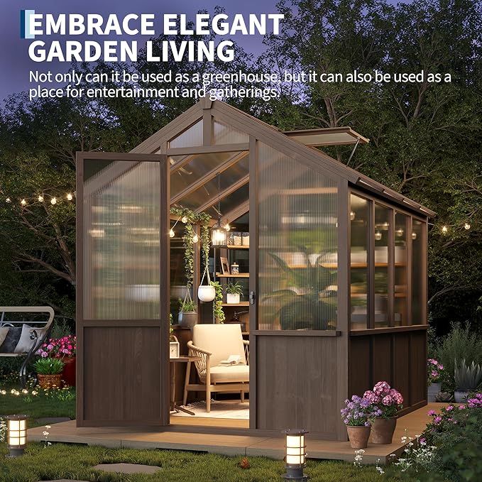 Heavy Duty Spruce Frame Wooden Greenhouse – Walk-in Outdoor Garden Outdoor Storage with Polycarbonate Panels, Adjustable Roof Vents, Lockable Door, Large Storage, Ideal for Patio, Lawn, 6x8 FT