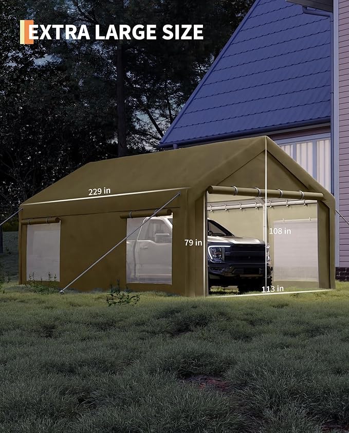 Garvee 10x20 ft Portable Garage, Car Port with 200 g PE Tarp Canopy, with 2 Roll-Up Doors and 4 Windows, for Temporary Paint Booth, Boats&Pickups Shed, and Event Shelter, Khaki