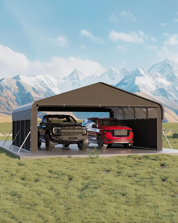 Garvee 20'X20'X10' Metal Car Port for 2 Cars, Enclosed Carports with 220 g Tarp, All-Weather Use Metal Carport, for Full-Size Pickup Trucks, Bass Boats, and Tractors