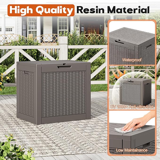 Outdoor Storage Box, Resin Deck Boxes Indoor and outdoor, Waterproof Storage Box Lockable Lid (Grey,32 Gallon)