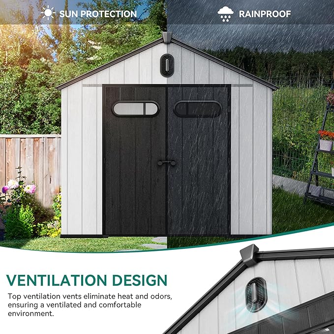 YITAHOME 8x10ft Outdoor Plastic Storage Shed with Floor, Extra Thick Waterproof Garden Shed with Lockable Door, Oval Vision Windows &Vents, 16mm Heavy Duty Tool Storage for Patio, Lawn, Gray