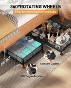 Under Bed Storage with Wheels, Foldable Pattern Carved Metal Under Bed Storage Containers, 60L Rolling Underbed Storage, Easy Assembly Under The Bed Storage for Shoes, Clothes, Blankets...