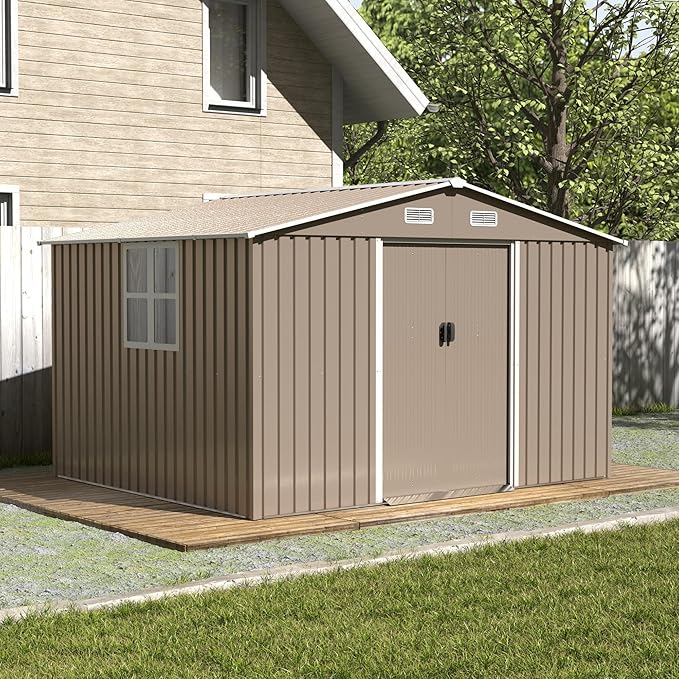 Kullavik 10FT x 8FT Outdoor Storage Shed with Window,Floor and Lockable Doors,Waterproof Metal Garden Tool Shed,Galvanized Steel shed for Backyard,Garden,Patio