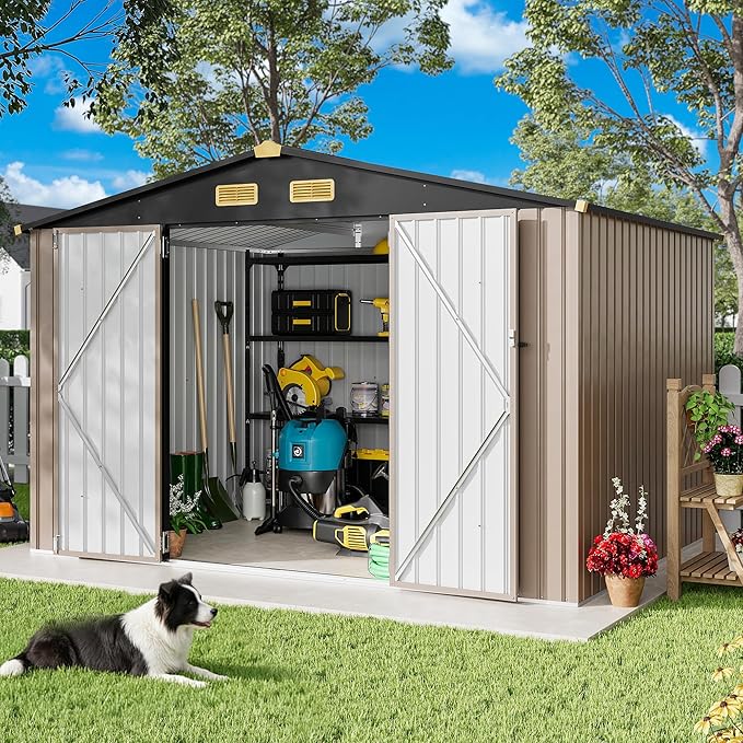 IRONCK 10x8FT Outdoor Storage Shed with Breathable Vent, Galvanized Steel Metal Tool Shed with Lockable Doors for Yard Bins/Generator/Wheelbarrow Garden Storage, Brown