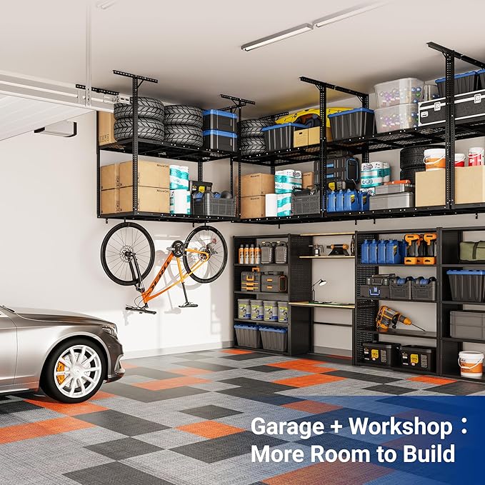 FLEXIMOUNTS 3x6 2-Tier Overhead Garage Storage Rack – Adjustable Heavy Duty Metal Garage Ceiling Storage Racks, 880 lbs Capacity – Garages Organization System for 9–15 ft Tall Garages, Black