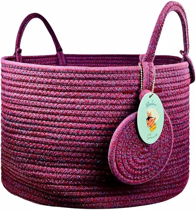 Modern Granny Small Cotton Rope Laundry Basket 16x10 Inch Dual Secure Woven Handle for Living Room Closet Clothes Blanket Organization