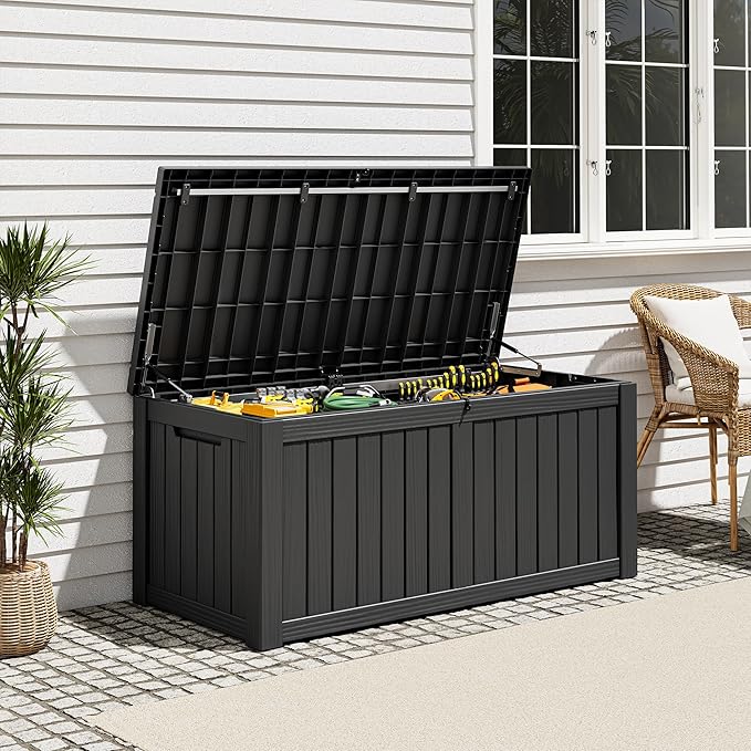 Outdoor Storage Box, Resin Deck Boxes Indoor and outdoor, Waterproof Storage Box Lockable Lid (Black,150 Gallon)