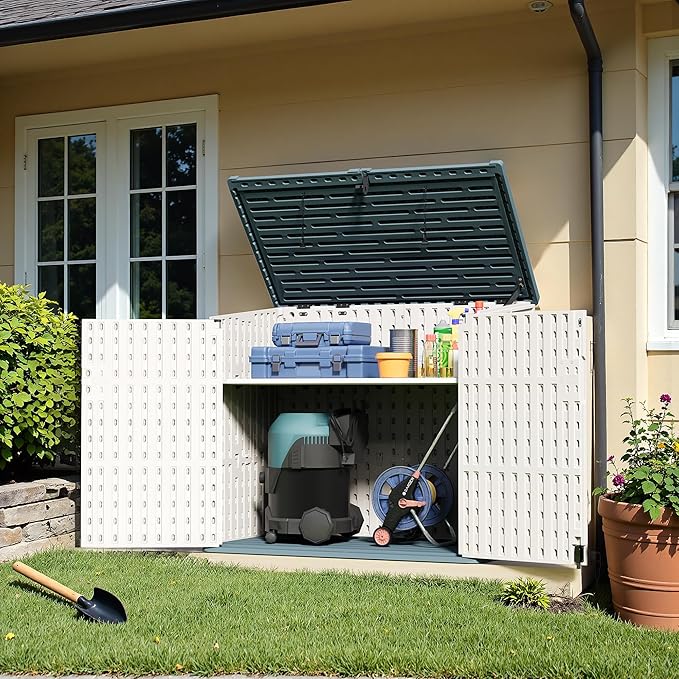 Greesum Outdoor Trash Can Storage Shed, 34 Cu.ft Horizontal Outdoor Storage Cabinet, Waterproof for Garden, Pool Storage, Garbage Cans, Beige