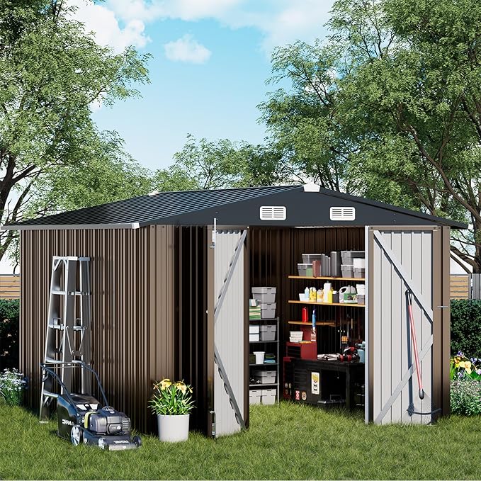COMHOMA Shed Outdoor Storage Shed Metal,Lockable Doors Tool Sheds with Sloping Roof,Steel Garden Shed with Air Vent for Backyard,Patio,Lawn,Poolside (Brown, 10'x10')