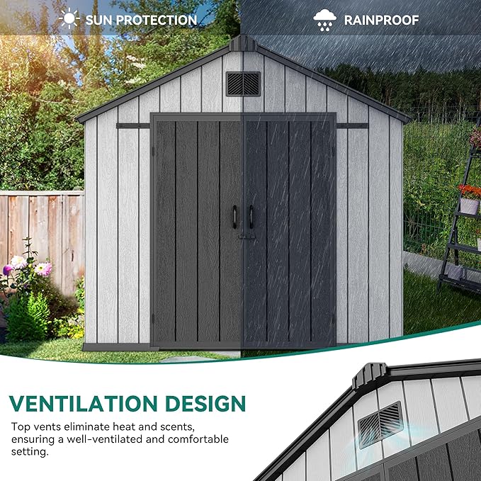 YITAHOME 8x10 FT Large Outdoor Storage Shed with Vision Windows, Extra Thick Resin Shed with Floor and Vents, 16mm Heavy Duty Plastic Storage Shed Tool Organizer for Backyard Garden Patio Lawn, Gray