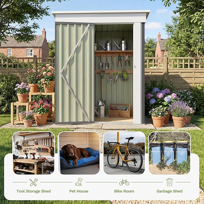 Devoko 5 x 3 FT Metal Storage Shed with Floor Frame Waterproof Garden Tool Shed with Lockable Door, Outdoor Shed Storage House for Backyard Patio Lawn, Grey