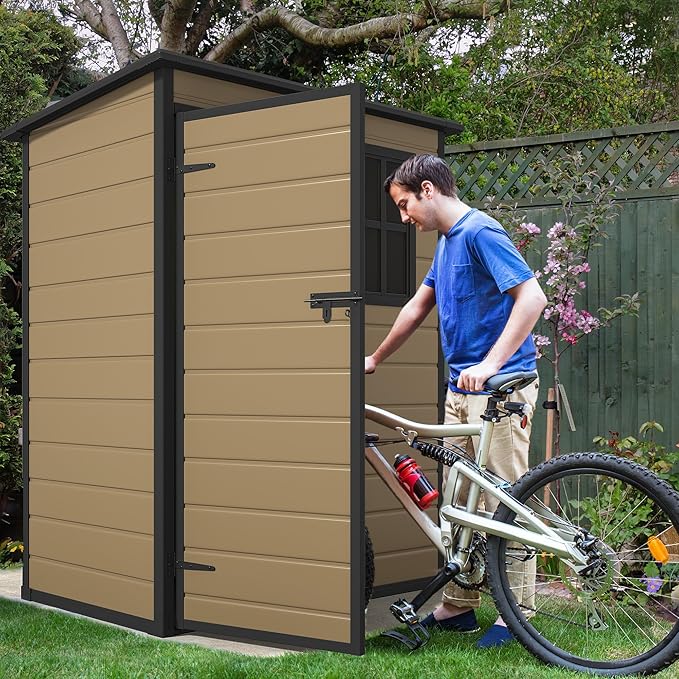 DWVO 5x3ft Resin Outdoor Storage Shed with Floor, Waterproof Lockable Storage Shed with Window, Plastic Outside Tool Storage for Garden Backyard Patio Lawn