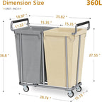Large laundry hamper with Wheels, 2 Bag 360L Big Rolling Laundry Basket Sorter Cart, Extra Large Laundry Clothes Hamper, Heavy Duty Laundry Basket Organizer for Laundry Room,Bathroom