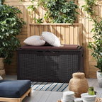Flamaker Deck Box with Cushion 98 Gallon Waterproof Resin Storage Box with Air Rod Indoor Outdoor Lockable Storage Bench for Patio Furniture, Tools, Pool Accessories (Deep Brown)