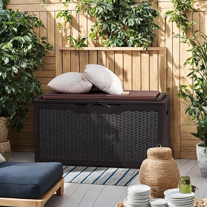 Flamaker Deck Box with Cushion 98 Gallon Waterproof Resin Storage Box with Air Rod Indoor Outdoor Lockable Storage Bench for Patio Furniture, Tools, Pool Accessories (Deep Brown)