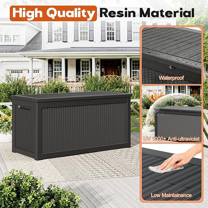 Outdoor Storage Box, Resin Deck Boxes Indoor and outdoor, Waterproof Storage Box Lockable Lid (Black,320 Gallon)