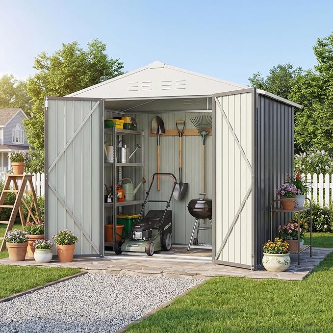 Devoko 6 x 4 FT Metal Storage Shed with Floor Frame Waterproof Garden Tool Shed with Lockable Door, Outdoor Shed Storage House for Backyard Patio Lawn, Grey
