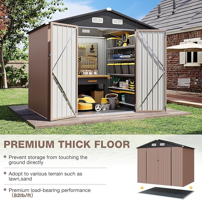 Aoxun Outdoor Storage Shed with Floor - 8x6 FT Metal Shed with Lockable Doors & Air Vents, Waterproof Outside Storage Shed for Tool, Garbage Can, Bike, Mower, for Backyard Garden Patio, Brown