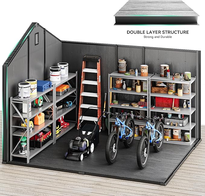 YITAHOME 8x10 FT Outdoor Storage Shed with Floor, Extra Thick Plastic Garden Shed for Bikes, Tools and Pool Supplies, Outdoor Resin Shed with Door Window Insert, Vents for Patio, Backyard, Black