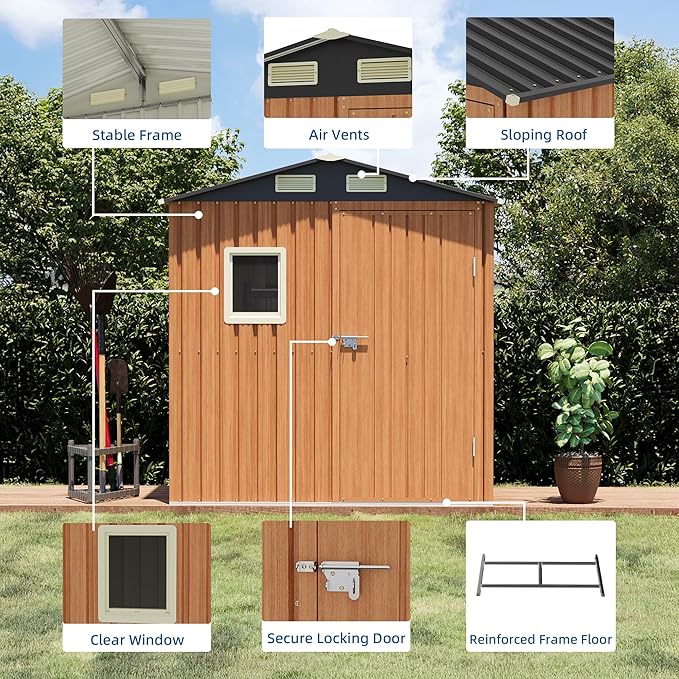 6x4 FT Outdoor Storage Shed, Garden Metal Shed with Floor Base & Window, Small Compact Tool Shed for Backyard, Patio & Lawn (6x4 FT & Base)