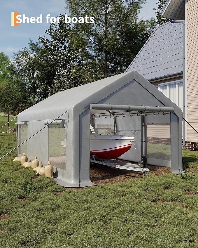Garvee 12x20 ft Portable Garage, Car Port with 200 g PE Tarp Canopy, with 2 Roll-Up Doors and 4 Windows, for Temporary Paint Booth, Boats&Pickups Shed, and Event Shelter, White