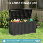 Outdoor Storage Box, Resin Deck Boxes Indoor and outdoor, Waterproof Storage Box Lockable Lid (Grey, 180 Gallon)