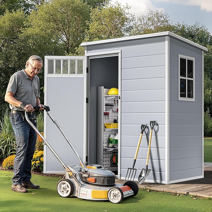 DWVO 5x3FT Outdoor Storage Shed with Fence-Style and Side Windows, Floor & Lockable Doors, Plastic Storage Shed for Backyard and Garden, Gray