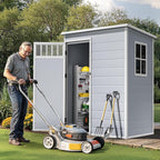 DWVO 5x3FT Outdoor Storage Shed with Fence-Style and Side Windows, Floor & Lockable Doors, Plastic Storage Shed for Backyard and Garden, Gray