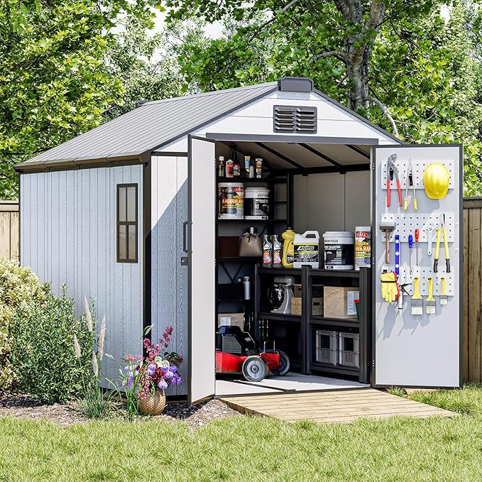 8 x 8 FT Resin Outdoor Storage Shed, All-Weather Plastic Garden Shed with Floor, Lockable Doors & Windows, Plastic Tool Shed for Backyard, Patio, Poolside