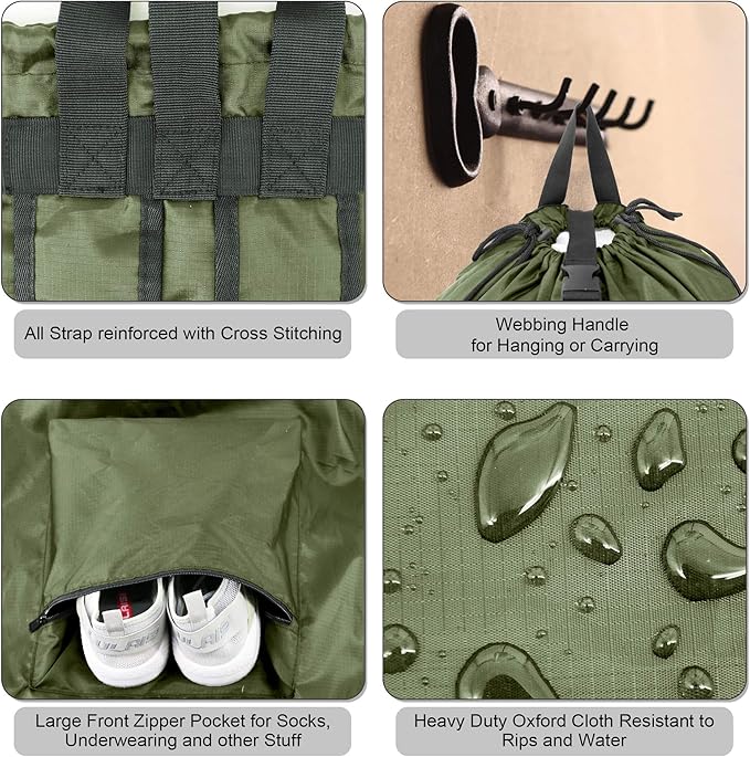 BeeGreen Moss Green Laundry Backpack Bag w Adjustable Shoulder Straps String Closure College Dorm Room Essentials Sturdy Laundry Hamper Portable w Handle XLarge Ripstop for Traveling