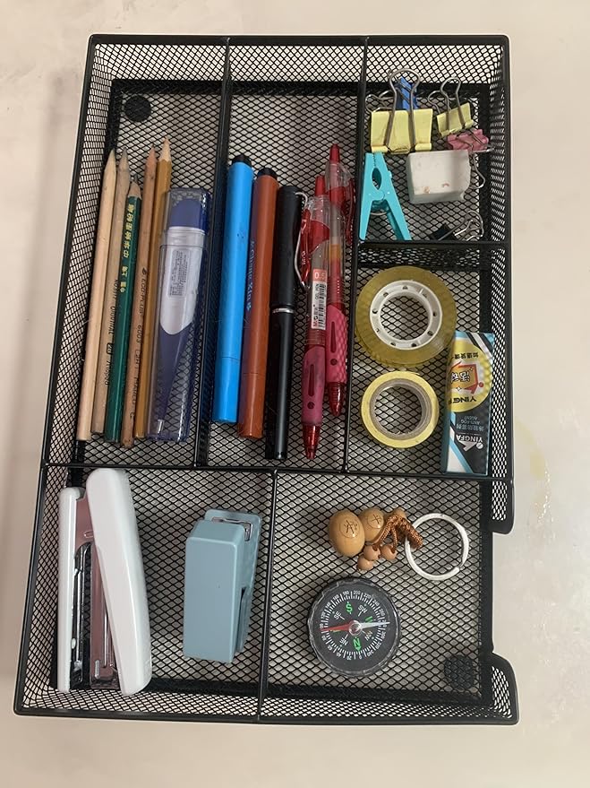 Desk Drawer Organizer tray, Mesh Drawer Organizer Tray for Office, School or Home Supplies Desktop Storage Stationery,bathroom,kitchen, 6 Compartments, 12.6 x 8.27 x 1.57 inch, Black