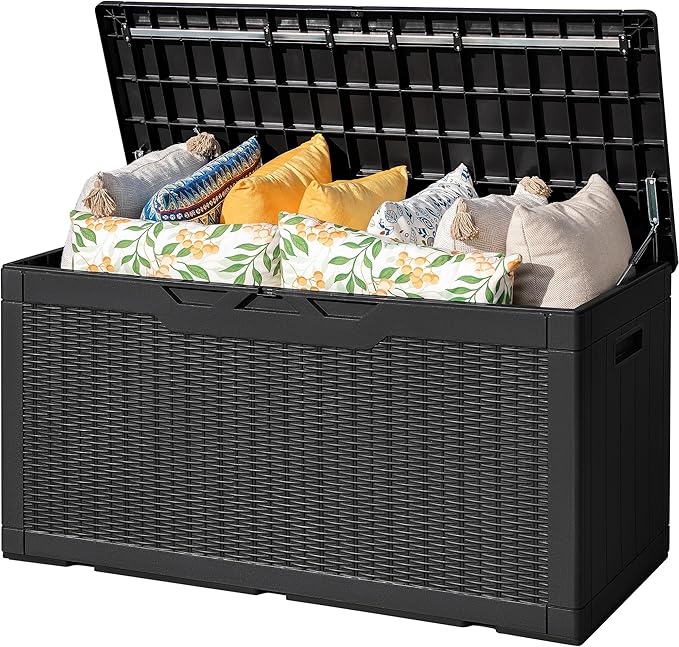 Flamaker Outdoor Storage Box 100 Gallon Waterproof Resin Deck Box Delivery Box with Air Rod Indoor Outdoor Lockable Storage Bench for Patio Cushions, Tools, Pool Accessories (Black)