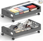 Under Bed Storage with Wheels - 2Pack 60L Underbed Storage Containers with Clear Lid & Label, Rolling Under Bed Storage Bins for Clothes, Shoes, Blankets (XL,Grey)