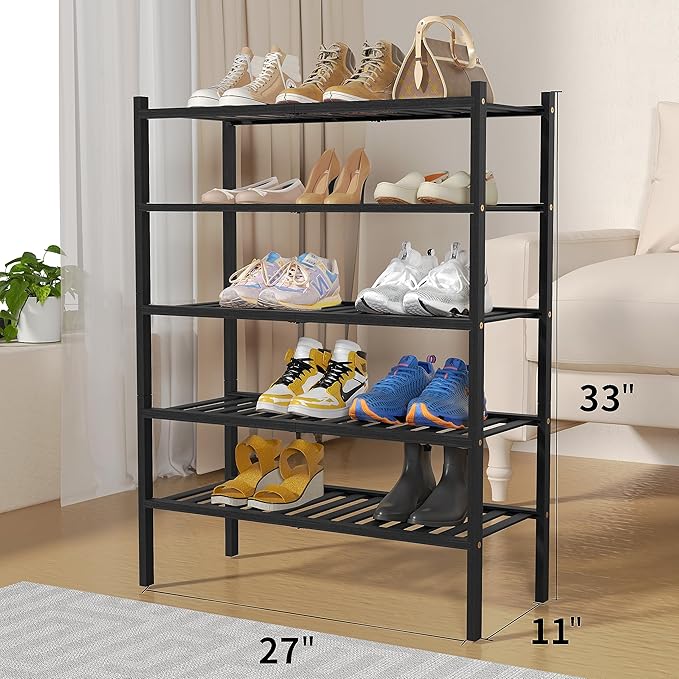 5 Tier Bamboo Shoe Rack for Closet Free Standing Wood Shoe Shelf for Entryway Small Space Stackable 27"x11"x33" (Black)