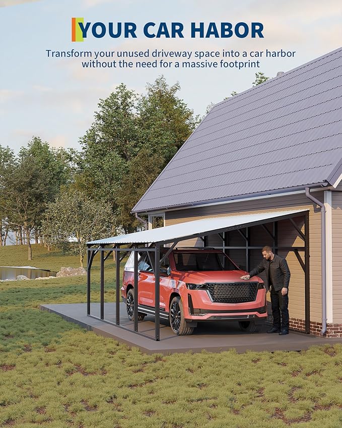 Garvee 12x20 ft Lean-to Metal Carport, Vertical Roof Wall-Mounted Car Port with 11.5° Slope, Heavy-Duty 19-Ga. Steel Frame, 107" to 78" Height Clearance for SUV & Pickup
