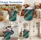 Marble Laundry Basket,Foldable Oxford Cloth Green Gold Flowing Marble Laundry Hamper With Handle, 20.8"x16" Portable Clothes Storage Basket Bag for Laundry Room/Bathroom/Bedroom/Dormitories