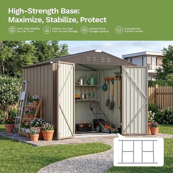Devoko 8 x 6 FT Metal Storage Shed with Floor Frame Waterproof Garden Tool Shed with Lockable Door, Outdoor Shed Storage House for Backyard Patio Lawn, Brown