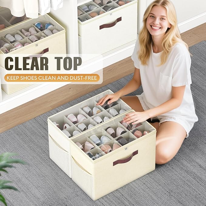 Budding Joy 2 Pack Shoe Organizer for Closet, Clear Foldable Shoe Storage Containers Adjustable Dividers Fits 16 Pairs,Shoe Storage Bins Baskets Boxes with Reinforced Handles Beige Yellow Beige