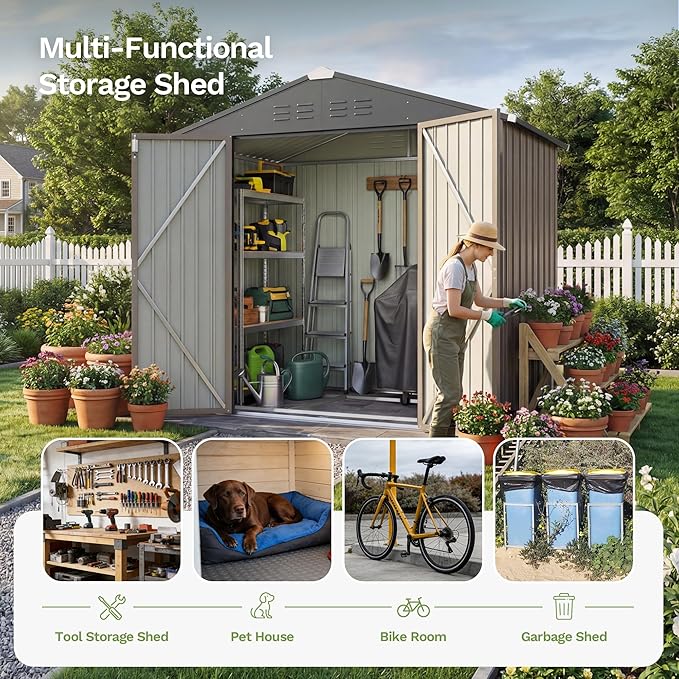 Devoko 6 x 4 FT Metal Storage Shed with Floor Frame Waterproof Garden Tool Shed with Lockable Door, Outdoor Shed Storage House for Backyard Patio Lawn, Brown