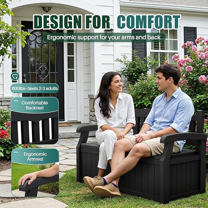 Devoko 80 Gallon Storage Bench Deck Box Lockable for Patio Furniture, Garden Decor and Outdoor Seating for Cushions, Garden Tools and Pool Supplies (Black)