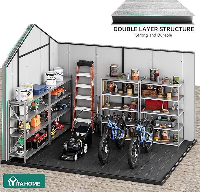 YITAHOME 8x10 FT Large Outdoor Storage Shed with Vision Windows, Extra Thick Resin Shed with Floor and Vents, 16mm Heavy Duty Plastic Storage Shed Tool Organizer for Backyard Garden Patio Lawn, Gray