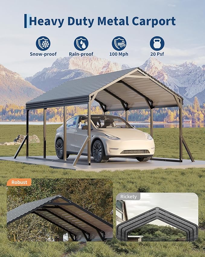 Garvee 10x15x9 ft Metal Carport, Car Port with Reinforced Frame and Steel Roof for All-Weather Use, Permanent Shelter for Sedans, SUVs, or Boats