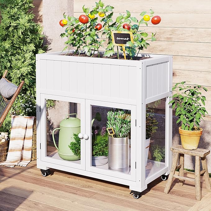 35.4'' x 17.7'' x 37.4'' Wooden Cold Frame with Double Doors and Wheels, Raised Garden Bed with Liner for Outdoor and Indoor Plants, White