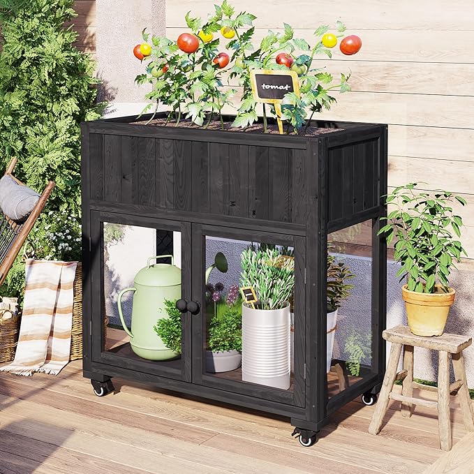 37.4" H Mini Wood Cold Frame Garden Greenhouse with 2 Doors and Wheels, Raised Bed with Liner for Indoor Outdoor Use, Black