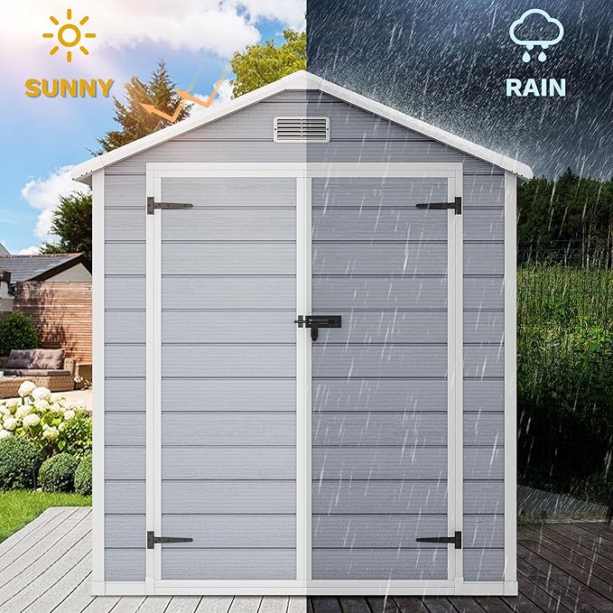 DWVO 6x4 FT Resin Storage Shed with Reinforced Floor, Outdoor Storage Shed with Lockable Door, Window and Vents, Waterproof Plastic Tool Storage for Garden, Backyard, Patio, Lawn
